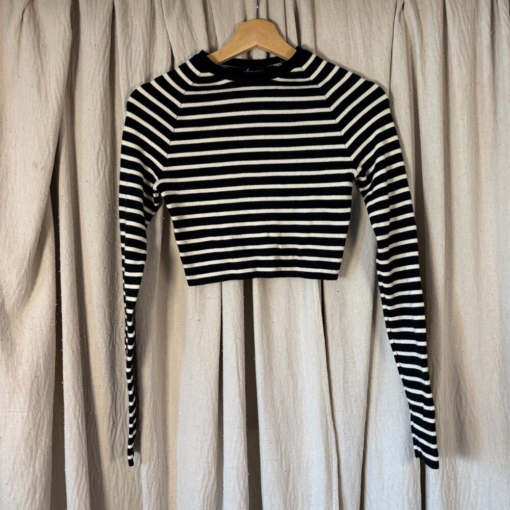 Olivaceous‎ Black White Stripe Ribbed Crop Long Sleeve Sweater S